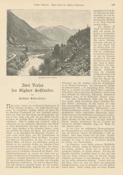 Upper image: "Weg auf der Spieser (Hindelang)" Lower image: "Hinterstein"  Hindelang, Hinterstein, Allgau, Spieser, Oberndorf, Baedle Waterfalls  Two pages with an article "Zwei Perlen des Allgaeuer Hochlandes" and six zincographs with images of Oberndorf, Baedle waterfalls, and Hindelang Hoelle. Pubished ca 1885.