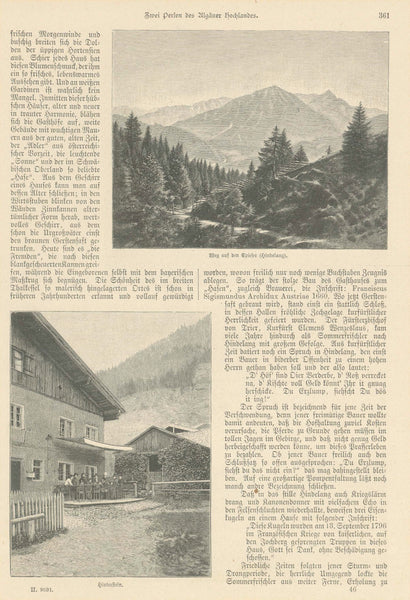 Upper image: "Weg auf der Spieser (Hindelang)" Lower image: "Hinterstein"  Hindelang, Hinterstein, Allgau, Spieser, Oberndorf, Baedle Waterfalls  Two pages with an article "Zwei Perlen des Allgaeuer Hochlandes" and six zincographs with images of Oberndorf, Baedle waterfalls, and Hindelang Hoelle. Pubished ca 1885.