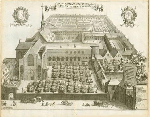 "Antwerp. - "Mons Omnium Sanctorum sive Conventus Antverpiensis Fratrum "  Monastery of the Franciscan Monastery (Friars Minor) in Antwerp.  Half bird's eye view into the entire monasterial setting.  Copper etching by Jacob Neeffs (1610-?)  after the drawing by Philip Fruytiers (1610-1666)  Antwerp, 1663  Original antique print 