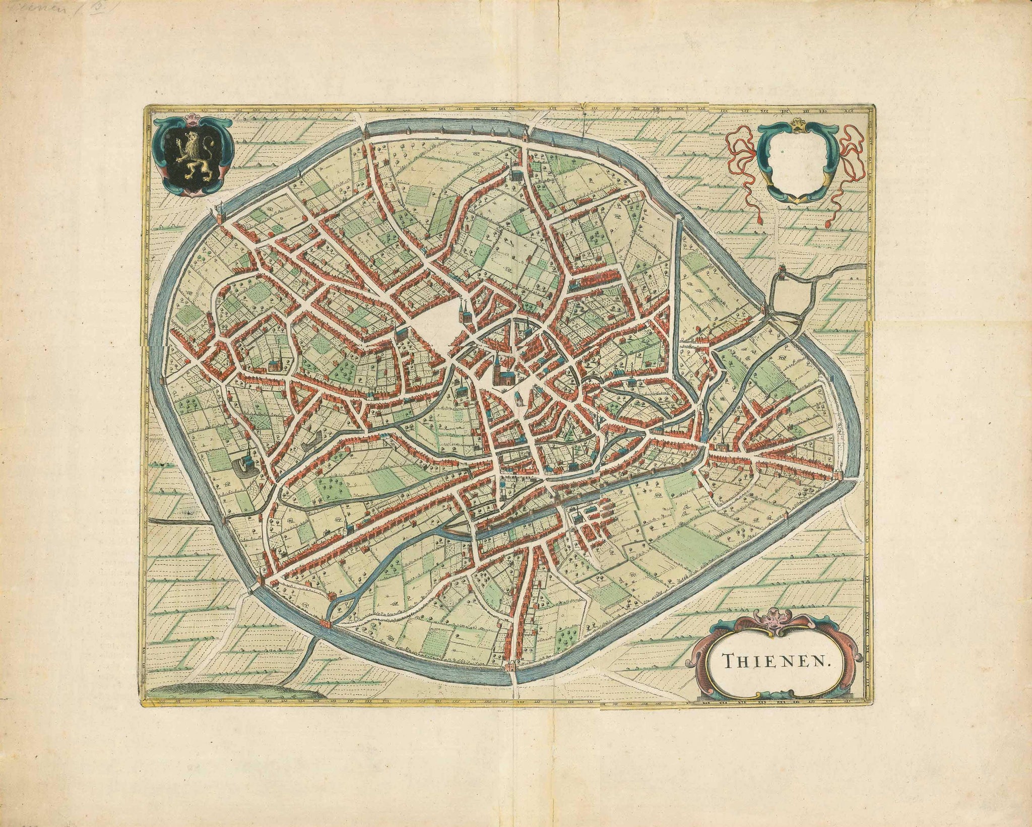 Tienen, Brabant (Belgium). - "Thienen"  Bird's Eye view of  Tienen, South-Belgian City in Brabant,  Reverse side: Description in Latin  Copper etching with original hand coloring.  Published in "Staedtebuch" by Johannes Janssonius (1588-1664)  Amsterdam, 1657  Janssonius had bought the  copper plates for printing  from the heir of "Civitates Orbis Terrarum" , Original antique print  