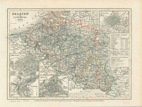"Belgium und Luxemburg 1855"  Steel engraving map published by the Bibliographischen Instituts zu Hildburghausen, 1855. In the lower left are details of Brussels,Luettichand Gent. In the upper left is a detailed plan of Antwerp and the surrounding area. In the lower right is Luxemburg. Original hand outline coloring.  Original antique print 