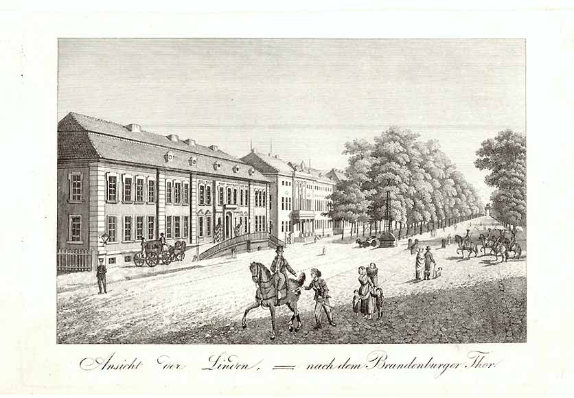 Antique print, antiker stich, "Berlin. - "Ansicht der Linden = nach dem Brandenburger Thor"  Berlin, Berliner Linden, Brandenburger Tor  Blick auf das 1834 gebaute Alte Palais (2. Gebäude). Im Hintergrund das Brandenburger Tor.  Anonyme Kupferradierung. Um 1835. SELTEN! RARITAET!  Original antique print  