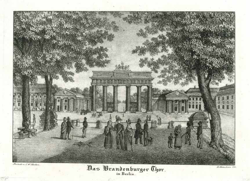 Antique print, "Das Brandenburger Thor in Berlin"  Blick  vom Pariser Platz auf das Brandenburger Tor des Landeshuter Architekten Carl Gotthard Langhans (1732-1808)  Lithographie von Emanuel Kutschera (1799-1851)  Lithographie bei C.W. Medau. Prag, 1833  Original antique print  