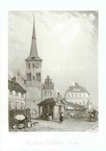 "Church of St. Nicholas, Berlin"  Steel engraving by D. Buckle after A. G. Vickers. Published 1836.