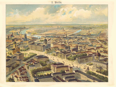 "Berlin"  Bird's Eye View  Reichstag, Museumsinsel, Gendarmenmarkt, Charlottenburg  Blick auf die Innenstadt von Berlin aus der halben Vogelschau.  In Farben gedruckte Lithographie. Ca. 1890  Original antique print  