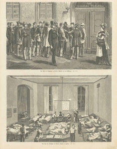 Upper image: "Das Asyl fuer Obdachlose in Berlin: Abends der Eroeffnung" Lower image: "Das Asyl fuer Obdachlose in Berlin:Ansicht des Innern"  Wood engraving showing the opening of the asylum for homeless men. Published 1879.  Original antique print 