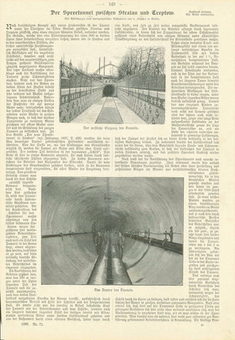 "Der Spreetunnel zwischen Stralau und Treptow"  Wood engravings made after photographs on a page of text about the Spreetunnel.   Article continues on reverse side. Published 1899.  Original antique print 