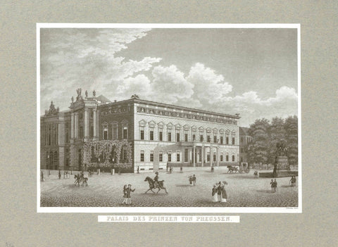 Antique print, Palais des Prinzen von Preussen"  Fine aquatint on steel by F. Brohm ca 1855. On the left is the library and on the right is a statue of Friedrich des Grossen. Built as the living quarters for Prince Wilhelm von Preussen (later Kaiser Wilhelm I). Today part of the Humbolt University.  Original antique print  