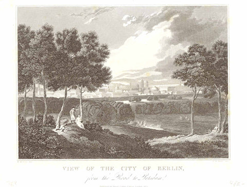 Antique print, "View of the City of Berlin, from the Road to Potsdam."  Copper engraving by R. W. Wallis after W. M. Craig. Dated 1825. Published in London.  Original antique print  , kkk