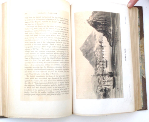 "Travels in Central America, Particularly in Nicaragua: With a Description of Its Aboriginal Monuments, Scenery and People, Their Languages, Institutions, Religion, & c., illustrated by numerous maps and coloured illustrations, by E. G. Squier, Late Charge-D'Affaires of the United States to the Republics of Central America"  Volumes I and II. Published by D. Appleton & Co., New York, 1853. Volume I - 424 pages. Volume II - 452 pages Size. 8vo.  There is an Ex Libris