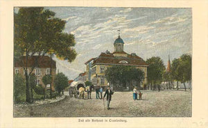 "Das Alte Rathaus in Oranienburg"  Wood engraving ca 1875. Hand coloring. Reverse side is printed.