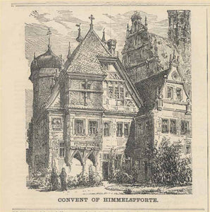 "Convent of Himmelspforte"  Wood engraving published 1871. Reverse side is printed.  11 x 10 cm (4.3 x 3,9")