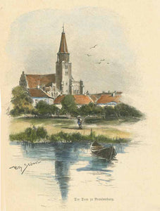 "Der Dom zu Brandenburg"  Wood engraving ca 1875. Hand coloring. Reverse side is printed.