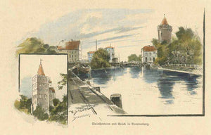 "Steinthorturm und Bruecke in Brandenburg"  Wood engraving ca 1875. Handcoloring. Reverse side is printed.