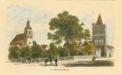 "St Godehardskirche"  Saint Godehard is one of the three main churches in Brandenburg. It became Luthern in 1540 at the time of the Reformation.  Wood engraving ca 1880.