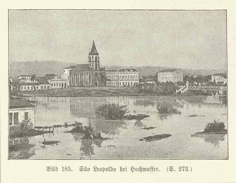 "Sao Leopoldo bei Hochwasser" (flooding in Sao Leopoldo)  Wood engraving on a page of text about southern Brazil and early settlement. Text continues on reverse side. Published 1904.