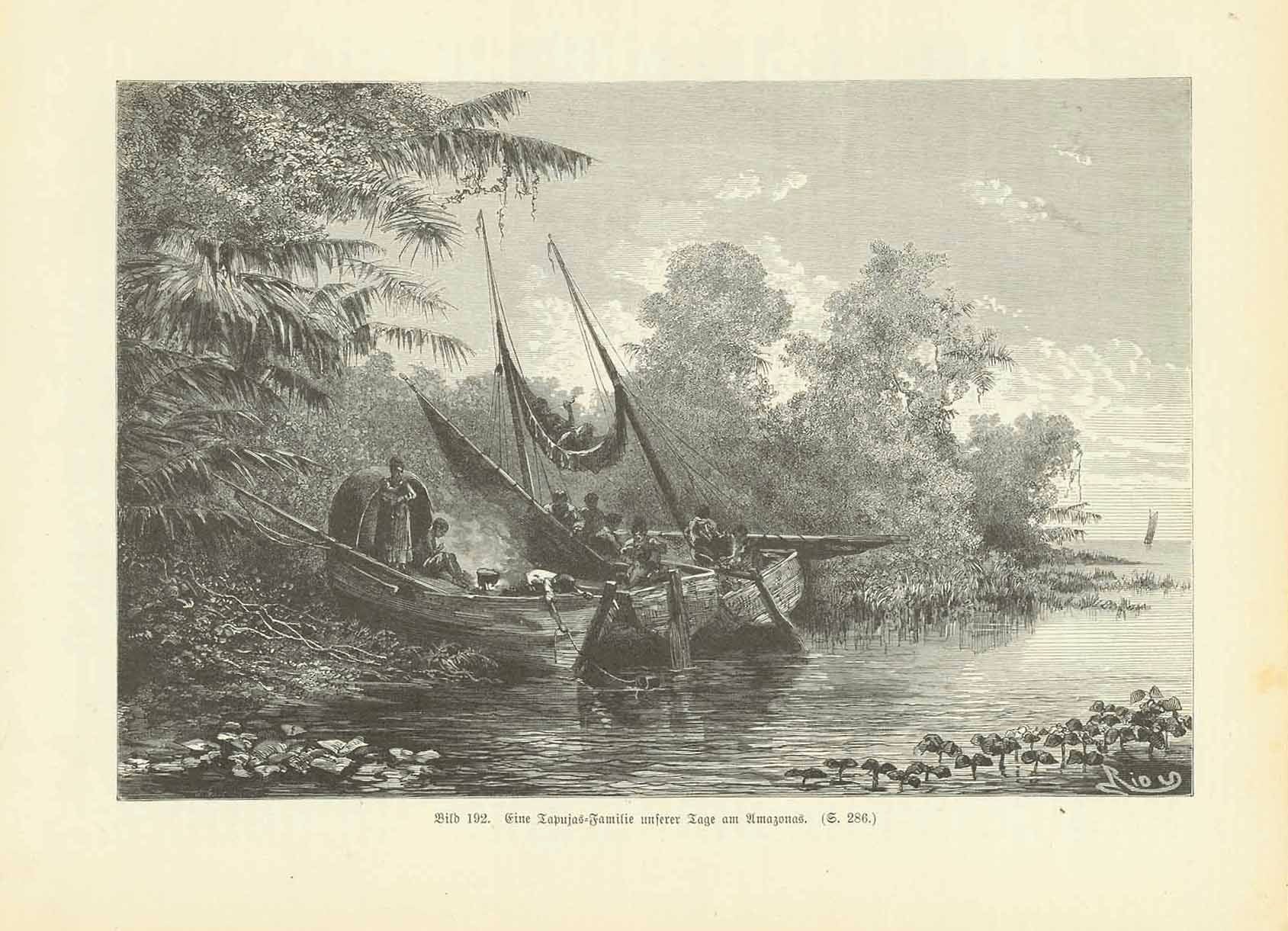 "Eine Tapujas Familie unsere Tage am Amazonas"  Wood engraving published 1904.  Original antique print 