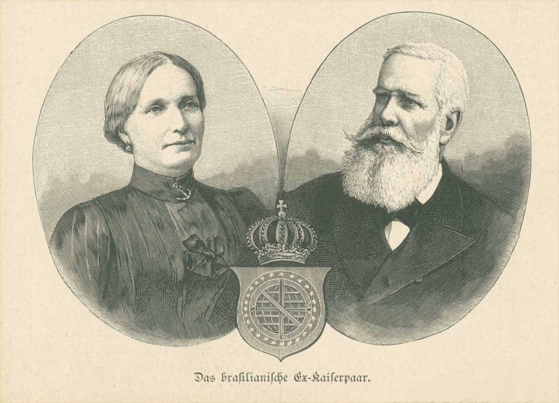 "Das brasilianische Ex-Kaiserpaar" (The Brazilian Imperial couple AFTER abdication)  Wood engraving. Published in a German publication. 1889         Original antique prin