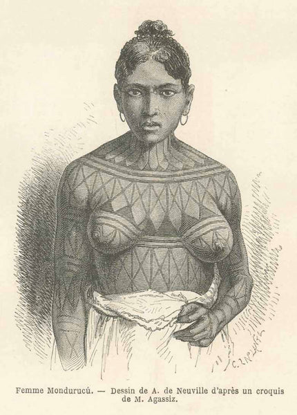 Tattoo, "Racolte du cafe" (coffe harvest)  "Femme Mondurucu"  "Indien Mondurucu"  *****  32 separate page article "Voyage Au Bresil" by M. et. Mme Agassiz published 1866. There are 53 wood engravings made after photographs which include towns, native animals and plants, various images of indigenous and later inhabitants, and two small maps of the Amazon. Highly interesting text of early exploration and life in Brazil.  Original antique print  
