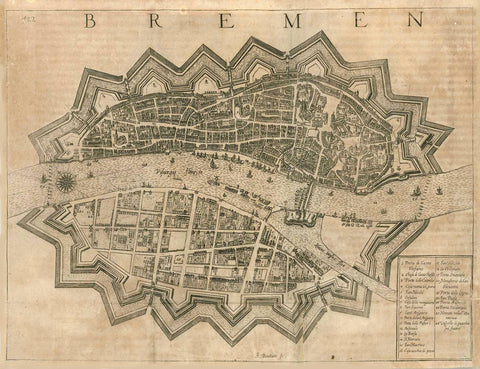 "Bremen"  Copper etching by Gerard Bouttats (ca. 1629-ca. 1703)  Extremely rare detailed bird's eye view of the German city of Bremen.  Lower right legend in the Italian language!!! Indicating that this print  was published in an Italian book. Ca. 1660  Print has overall age toning. It is signed bottom center "G. Bouttats"  Print has one horizontal and three vertical folds to fit book size.  Narrow margins all around.  Sehr seltene Vogelschau-Ansicht von Bremen  Kupferradierung von Gerard Bouttats (ca. 1629