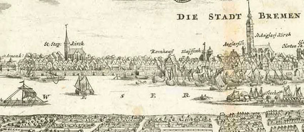 Bremen "Prospekt und Grundris der Keiserl.  Freyen Reichs und Anseestadt Bremen samt ihrer Gegend edirt durch Joh. Bapt. Homann in Nuernberg"  General view and Plan with the surrounding area of Bremen  A noble and impressive view of the Hanse City in Northern Germany.  Copper etching with very fine original hand coloring.  Published by Johann Baptist Homann (1664-1724)  Original antique print 