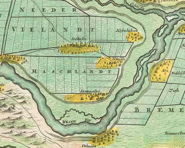 Bremen "Prospekt und Grundris der Keiserl.  Freyen Reichs und Anseestadt Bremen samt ihrer Gegend edirt durch Joh. Bapt. Homann in Nuernberg"  General view and Plan with the surrounding area of Bremen  A noble and impressive view of the Hanse City in Northern Germany.  Copper etching with very fine original hand coloring.  Published by Johann Baptist Homann (1664-1724)  Original antique print 