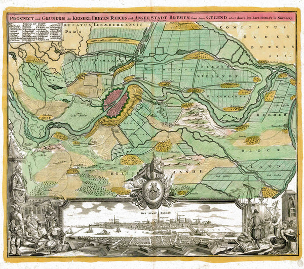 Bremen, "Prospekt und Grundris der Keiserl.  Freyen Reichs und Anseestadt Bremen samt ihrer Gegend edirt durch Joh. Bapt. Homann in Nuernberg"  General view and Plan with the surrounding area of Bremen  A noble and impressive view of the Hanse City in Northern Germany.  Copper etching with very fine original hand coloring.  Published by Johann Baptist Homann (1664-1724)  Original antique print 