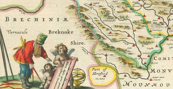 "Herfordia Comitatus, Herford-Shire". Copper etching by Wilhelm Janszoon Blaeu. Published in Amsterdam, 1645. Hand coloring.,  A single coat-of-arms decorates the upper left corner. In the lower left two cherubs hold the map legend for an onlooker. Verso: Text in Spanish about Herfordshire.