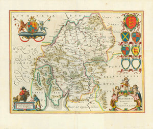 " Westmoria Comitatus ". Copper etching by Wilhelm Janzoon Blaeu. Amsterdam, 1645. Hand coloring.  Westmorland in Cumberland is the theme of this map. This map has many decorative features like the coats-of arms and a Baroque title cartouche. In the upper left is the coat-of-arms of the British Royal Family. Verso: Text in Spanish.  Original antique print 