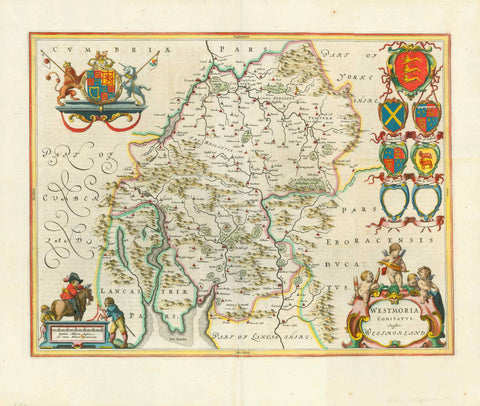 " Westmoria Comitatus ". Copper etching by Wilhelm Janzoon Blaeu. Amsterdam, 1645. Hand coloring.  Westmorland in Cumberland is the theme of this map. This map has many decorative features like the coats-of arms and a Baroque title cartouche. In the upper left is the coat-of-arms of the British Royal Family. Verso: Text in Spanish.  Original antique print 
