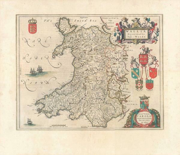 "Wallia Principatus vulgo Wales". Copper etching by Wilhelm Janzoon Blaeu. Amsterdam, 1645. Original hand coloring.  A very attractive map of Wales with Rayadergowy in the center.  Original antique print , interior design, wall decoration, ideas, idea, gift ideas, present, vintage, charming, special, decoration, home interior, living room design