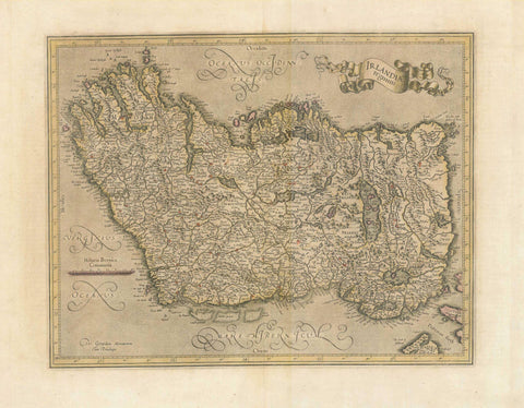 Map of Ireland. "Irlandiae Regnum". Ireland. West-oriented copper etching of Ireland by Gerard Mercator.  Hand coloring. Duisburg, 1595.  Notice that this is an east-oriented map. East is at the top, north on the right, etc. Important places are highlighted in red.  The entire island of Ireland, designed and etched by the famous cartographer.  Original antique print   For a 30% discount enter MAPS30 at chekout, interior design, wall decoration, ideas, idea, gift ideas, present, vintage, charming, special