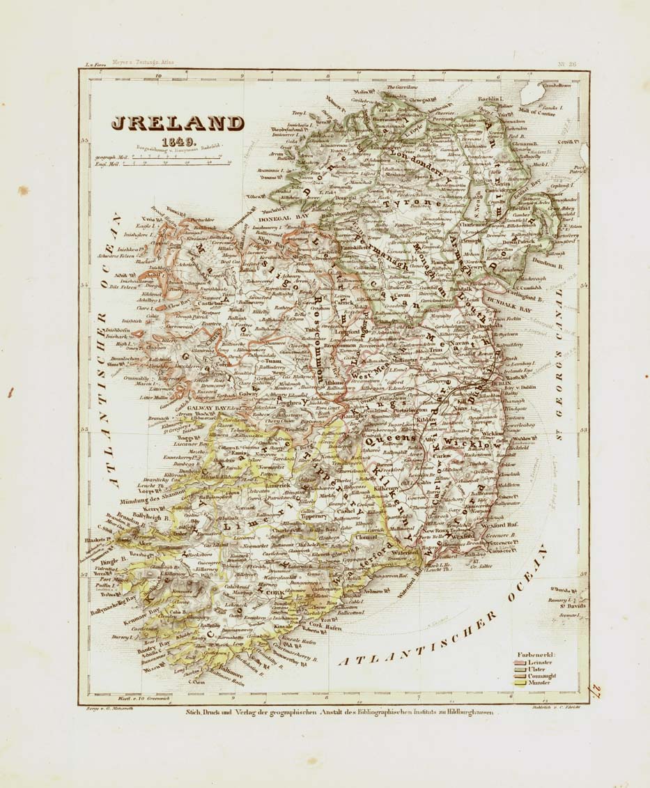 "Ireland 1849"  British Isles, Ireland, Irland, Dublin, Cork, Northern Ireland, Belfast  Map of Irerland with attractive original borderline hand coloring.  Steel engraving by C. Ehricht after the drawing by Carl Christian Radefeld  Published  In Meyer's Atlas  by Bibliographical Institute. Hildburghausen. 1849