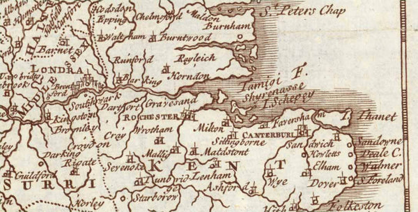 "Inghilterra".  Copper engaving map of England, Wales and southern Scotland.  Published in Band 2 of Albrizzi "Atlas novissimo del Sigr. Guglielmo de L'Isle". Venice, 1750.  Albrizzi was a noble family in Italy.