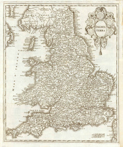 "Inghilterra".  Copper engaving map of England, Wales and southern Scotland.  Published in Band 2 of Albrizzi "Atlas novissimo del Sigr. Guglielmo de L'Isle". Venice, 1750.  Albrizzi was a noble family in Italy.