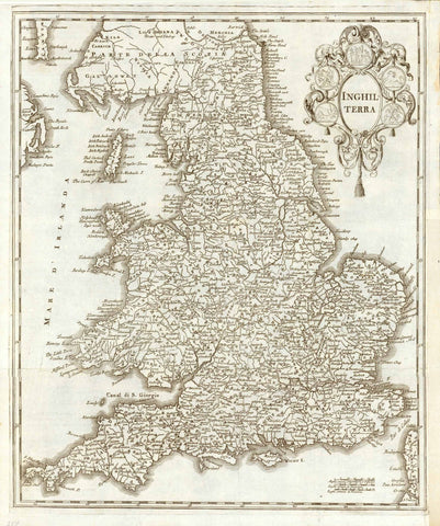 "Inghilterra".  Copper engaving map of England, Wales and southern Scotland.  Published in Band 2 of Albrizzi "Atlas novissimo del Sigr. Guglielmo de L'Isle". Venice, 1750.  Albrizzi was a noble family in Italy.