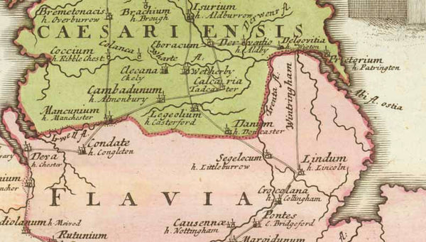 "Britanniae Romannae Tabula Antonini Imp. Interario Adaptada a Thoma Gale Norimbergae exudit C. Weigelius"  Copper engraving map published 1718 in "Descripto Orbis Antiqui" by Christoph Weigel in Nuernberg. The cartouche shows Roman soldiers in full uniform. Original hand colouring.  This map shows the Roman and Celtic names for many towns and natural places. Some of the old Roman roads are shown.