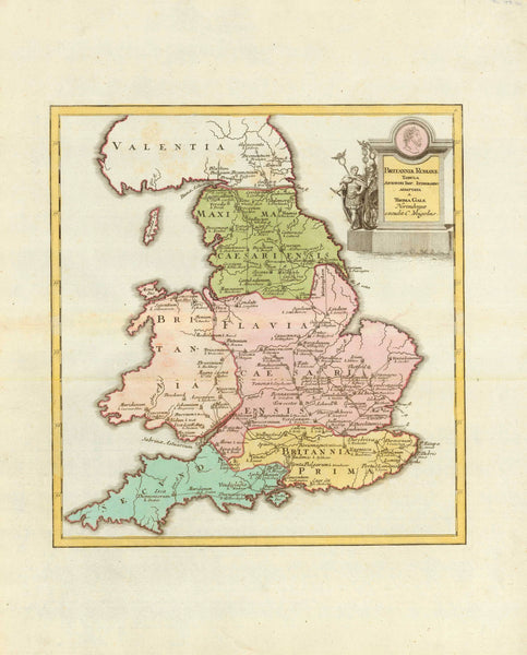 "Britanniae Romannae Tabula Antonini Imp. Interario Adaptada a Thoma Gale Norimbergae exudit C. Weigelius"  Copper engraving map published 1718 in "Descripto Orbis Antiqui" by Christoph Weigel in Nuernberg. The cartouche shows Roman soldiers in full uniform. Original hand colouring.  This map shows the Roman and Celtic names for many towns and natural places. Some of the old Roman roads are shown.