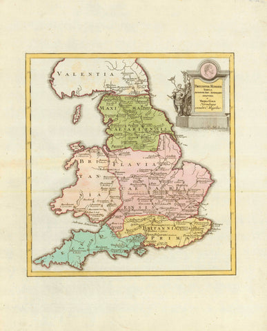 "Britanniae Romannae Tabula Antonini Imp. Interario Adaptada a Thoma Gale Norimbergae exudit C. Weigelius"  Copper engraving map published 1718 in "Descripto Orbis Antiqui" by Christoph Weigel in Nuernberg. The cartouche shows Roman soldiers in full uniform. Original hand colouring.  This map shows the Roman and Celtic names for many towns and natural places. Some of the old Roman roads are shown.