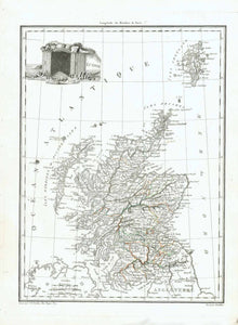 No Title (Scotland)  In the upper left is a geological formation titled "Ecosse". In the upper right are the Shetland Islands. In the lower left is part of Northern Ireland. In the lower right is Workington, Applebi and Durham in England.  Copper engraving by J. B. Tardieu. after Giraldon published 1812. Some original outline hand coloring. Very good condition.