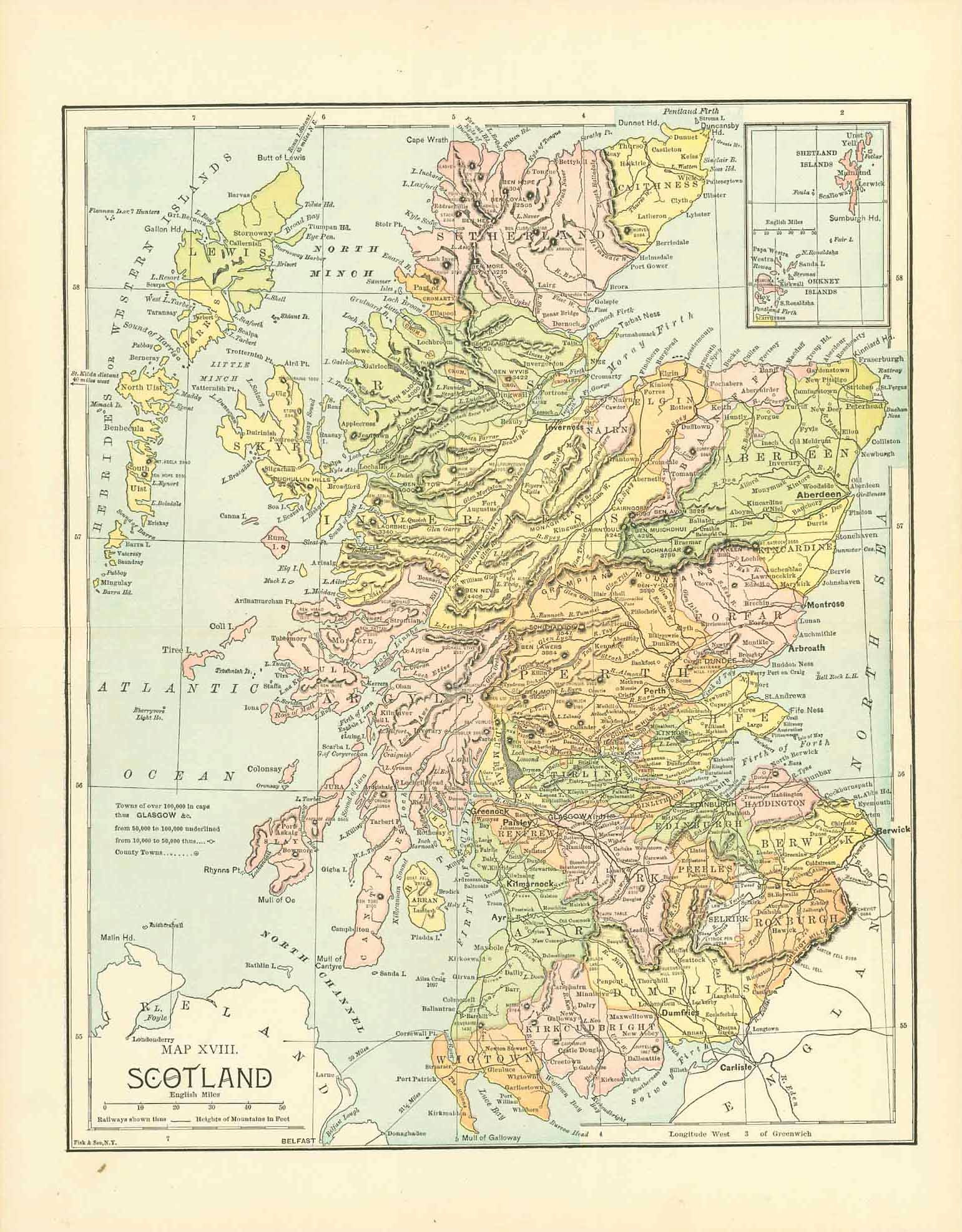 "Map XVIII Scotland"  Wood engraving map printed in color and published 1885 in New York.  Original antique print   In the upper right corner is a detailed inset of the Shetland and Orkney Islands.