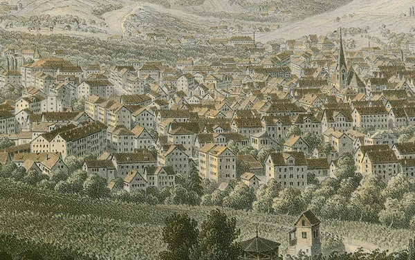 Stuttgart  Spectacular and very rare toned lithograph with modest, subdued green, red and blue colors  By Eberhard Emminger, interior design, wall decoration, ideas, idea, gift ideas, present, vintage, charming, special, decoration, home interior, living room design, Dekoration, Geschenk, Geschenkidee, Büro, Wohnzimmer, interior design, wall decoration, ideas, idea, gift ideas, present, vintage, charming, special, decoration, home interior, living room design