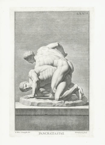 Pancratiastae (Wrestlers I)  Copper etching by Carol Gregori  Page size: 46 x 35 cm ( 18.1 x 13.7 ") Image size: 33 x 20.5 cm ( 13 x 8.1")  Antique Prints of Fauns, Centaurs and the eternal erotic Beauty of Classical Nudes in Greek and Roman Mythology. Gods and Heros.  The classically beautiful copper etchings were prepared with drawings by Giovanni Domenico Campiglia, born in Lucca 1692. His death remains in the dark, probably 1762. Our here offered copper etchings were published in "Museo Fiorentino" ca. 
