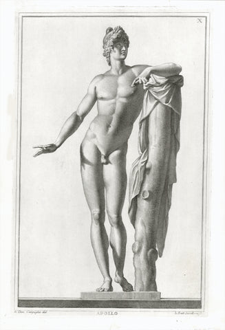 Apollo  Copper etching by Io. Batt. Iacoboni  Image: 34.5 x 21 cm ( 13.5 x 8.2 ") Page size: 39.5 x 27 cm ( 15.5 x 10.6 ")  A few very minor creases.  Antique Prints of Fauns, Centaurs and the eternal erotic Beauty of Classical Nudes in Greek and Roman Mythology. Gods and Heros.  The classically beautiful copper etchings were prepared with drawings by Giovanni Domenico Campiglia, born in Lucca 1692. 