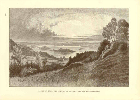 "The St. John; The Junction of the St. John and the Kennebeccassis"  Wood engraving 1895. Reverse side is printed with unrelated text.