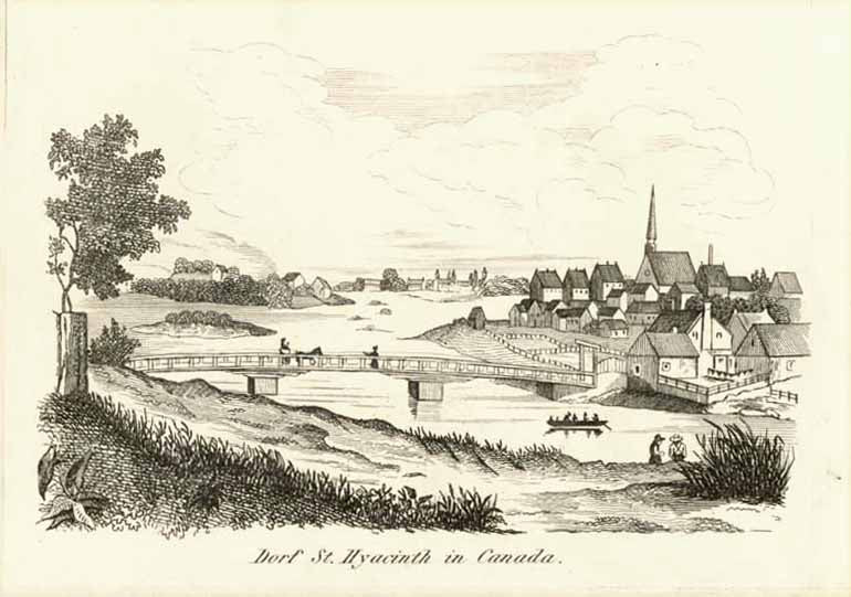 "Dorf St. Hyacinth in Canada"  Steel etching 1837. Anonymous.  9 x 12 cm (3.5 x 4.7 ")