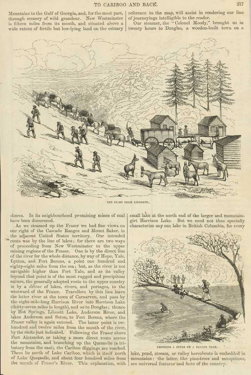 Upper image: "The Start from Liloett" Lower image; "Crossing a River on a Felled Tree"  Wood engravings and text on both sides of a page published ca 1880.  Original antique print  
