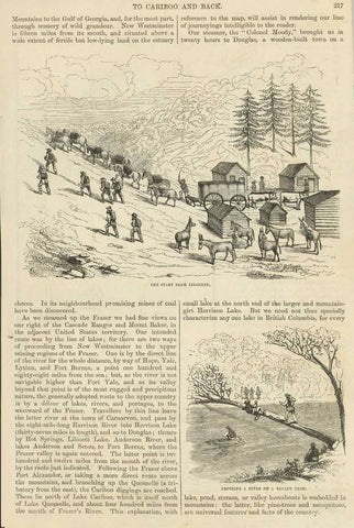 Upper image: "The Start from Liloett" Lower image; "Crossing a River on a Felled Tree"  Wood engravings and text on both sides of a page published ca 1880.  Original antique print  
