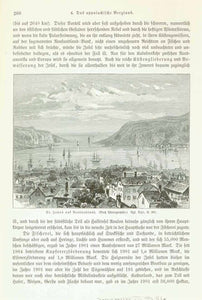 "St. Johns auf Neufundland"  Wood engraving made after a photograph ca 1900. The interesting text that continues on the reverse side deals with history, fishing, geography of Halifax, Prince Edward Island and Newfoundland.  Original antique print 