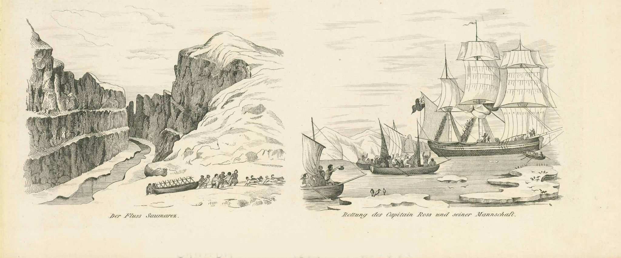 Left image: "Der Fluss Saumarez" (on the Boothie Peninsula) Right image: "Rettung des Capitain Ross und seiner Mannschaft" (saving Capitain Ross and his crew)  Copper etchings published 1837.